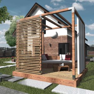 drewniana pergola ogrodowa z ażurowym panelem słonecznym
