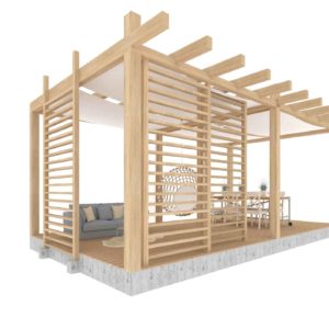 pergola ogrodowa z przesiewnymi drewnianymi panelami oraz zadaszeniem z materiału